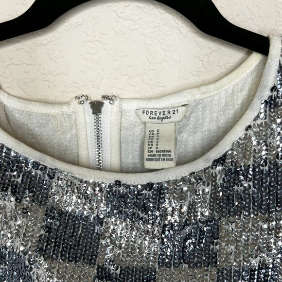 Forever 21 Sequin Tank Silver Checkered Sleeveless Crop Top w/ Back Zipper sz S - Picture 3 of 7